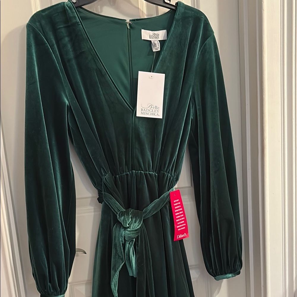Badgley Mischka Emerald Long Sleeve Velvet Dress Green 8